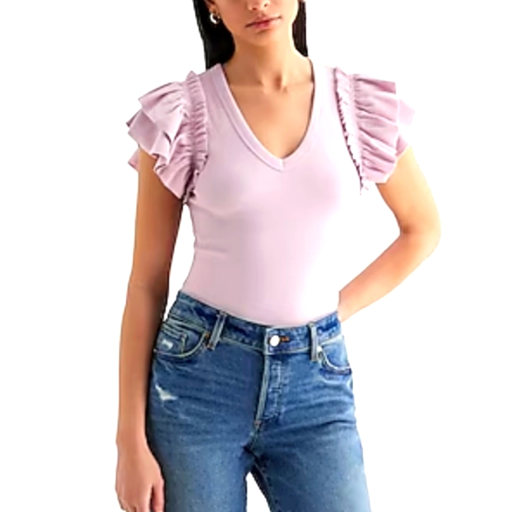 Express pink Ribbed V-Neck Ruffle Sleeve Bodysuit